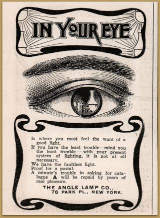 1903 C Angle Lamp " In Your Eye " Faultless Light Proof For Postal Light Print Ad