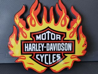 Vintage Harley - Davidson Motorcycle Metal Sign 12 " X 11 " Fire Burning Gas & Oil