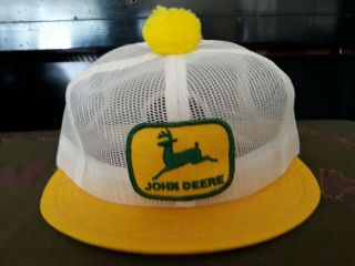 Vintage John Deere Patch Mesh Snap Back Hat Rare Yellow Pom Pom Louisville Mfg