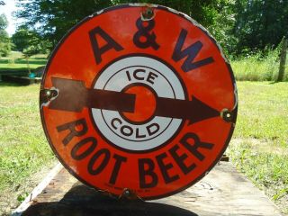 Vintage Ice Cold A&w Root Beer Porcelain Enamel Sign Soda