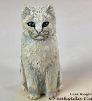Lisa Rogers Creekside Carvings Carved Wood White Kitty Cat 2009 Folk Art