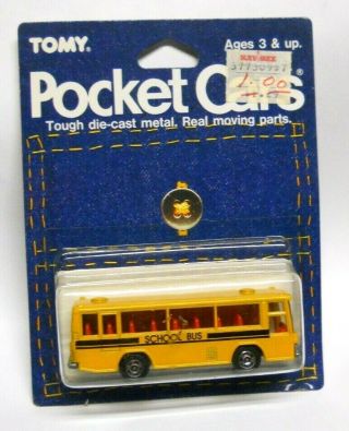 Vintage,  Tomy Pocket Cars - Tomica Hino Rainbow Skeleton School Bus - On Card