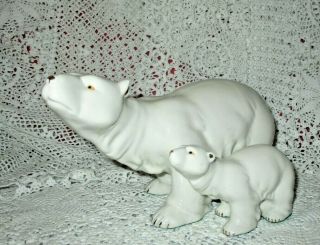 Large Polar Bear With Cub & Gold Accents Statue Figurine 9 Inches Long