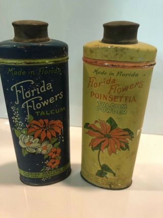 2 Antique Florida Flowers Talcum Powder Tins Poinsettia Perfume Jacsonville