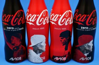 Full 2015 set of 4 DJ AVICII aluminum Coca Cola & Coke Zero Bottles France 2