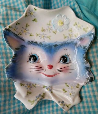 Vtg 50s Lefton Ceramic Miss Priss Kitty Cat Trivet Dish Japan Kitsch