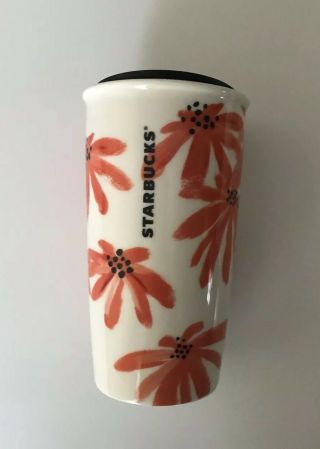 Starbucks Coffee Mug Travel Tumbler Orange Floral Flower White 12 Fl Oz