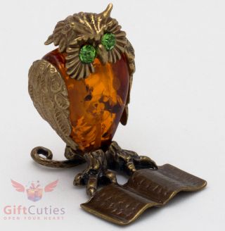 Solid Brass Amber Figurine Of Bird Owl On A Book Totem Talisman Ironwork
