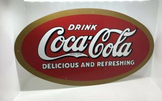 Vintage Antique Coca Cola Small Oval Metal Tin Advertising Sign 28”x15”
