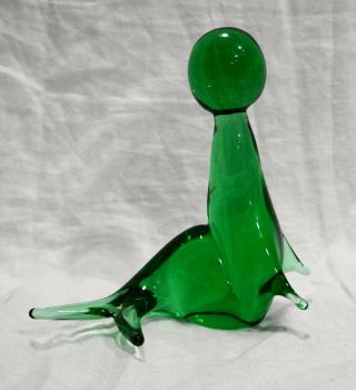 Emerald Green Art Glass Seal Sea Lion With Ball Figurine Italy Royal Gallery 6 "