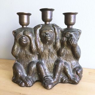 6” Three Wise Monkeys Brass Candle Holder Metal Hear See Speak No Evil Boho