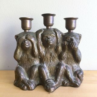 6” Three Wise Monkeys Brass Candle Holder Metal Hear See Speak No Evil Boho 2