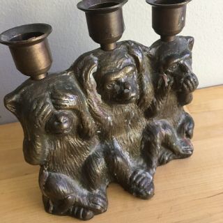 6” Three Wise Monkeys Brass Candle Holder Metal Hear See Speak No Evil Boho 4