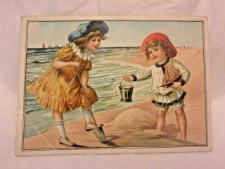 Antique Victorian Trade Card Trenton Cracker Co Stapler Kids On Beach