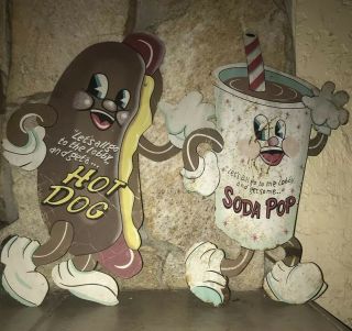 Set Of 2 Vintage Cutout Metal Signs,  Drive - In Movies Hotdog & Soda Pop Adverts