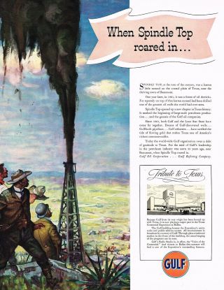 1930s Big Vintage Gulf Oil Texas Drilling Rig Well Spindle Top Art Print Ad