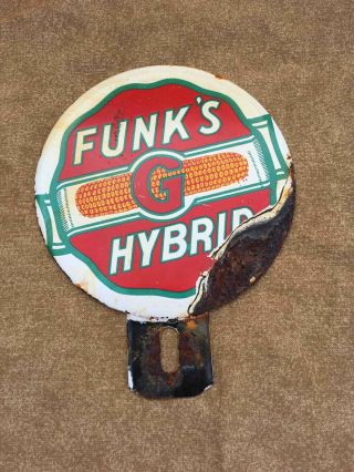 Vintage Funks G Corn Hybrids Porcelain Advertising License Plate Topper