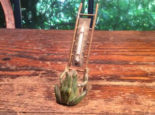 Antique Figural Frog On Latter Thermometer.
