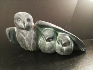 Vintage Hand Carved Stone Owl Family Sculpture Figure