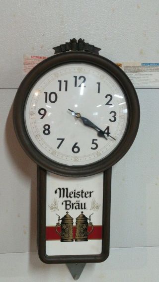 Vintage 1984 Meister Brau Beer Bar Clock Sign Keeps Perfect Time 22 1/2” Tall