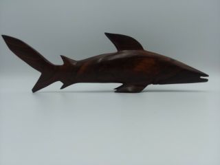 Vintage Dark Brown Hand Carved Solid Wooden Shark Sculpture