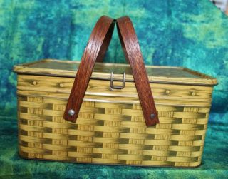 Vintage Tin Picnic Basket Weave Litho Box Wood Handles
