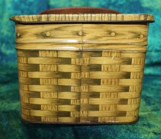 Vintage tin picnic basket weave litho box wood handles 3