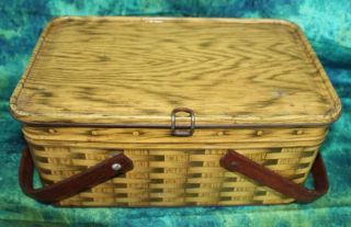 Vintage tin picnic basket weave litho box wood handles 4