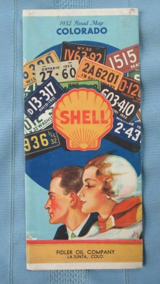 1932 Shell Oil Company Colorado Road Map - License Plates Graphic - La Junta Colo. 2