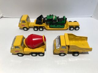 Vintage Tonka Mini Truck Low Boy Trailer W Bulldozer,  Dump Truck & Cement Mixer