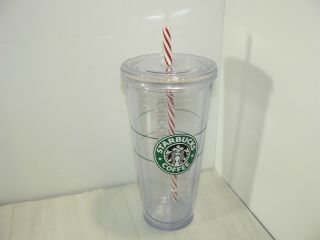 Starbucks Double Walled Tumbler Cup 20oz Venti 2009 Candy Cane Straw Plastic