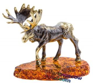 Bronze Solid Brass Amber Figurine Old Moose Elk Ironwork Statuette
