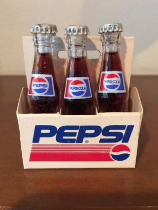 Vintage Mini Miniature 3” Pepsi 6 Pack Glass Bottles W/caps Full & Carton