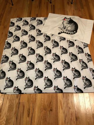 Queen Size Flat Sheet With Matching Pillow Case Of Cat With Heart B.  Kilban