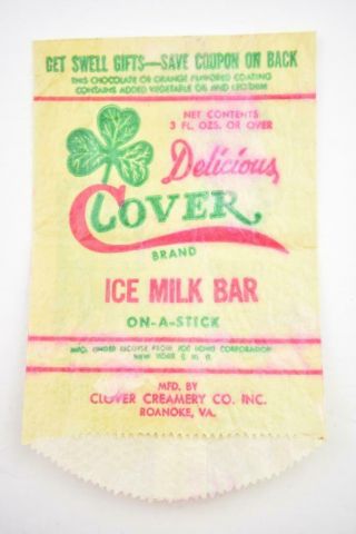 Vintage Clover Brand Ice Milk Bar Wrapper Roanoke Va
