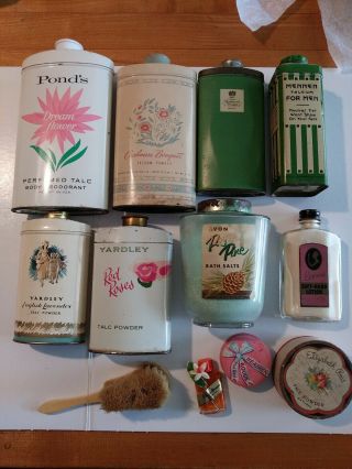 6 Vintage Talcum Powder Tins,  Avon Bath Salt,  Lotion,  Face Powder,  Rouge & More