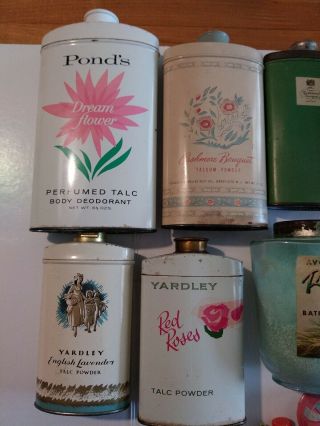 6 Vintage Talcum Powder Tins,  Avon bath salt,  lotion,  face powder,  rouge & more 2
