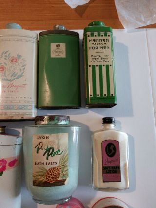 6 Vintage Talcum Powder Tins,  Avon bath salt,  lotion,  face powder,  rouge & more 3