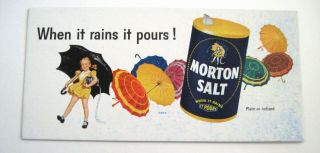 Bright Vintage " Morton Salt " Advertising Blotter W/ Girl & Colorful Umbrellas
