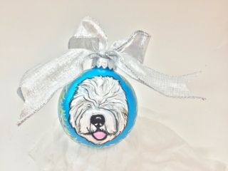 Old English Sheepdog And Sheep 3.  5” Hand Painted Shatter Proof Ornament