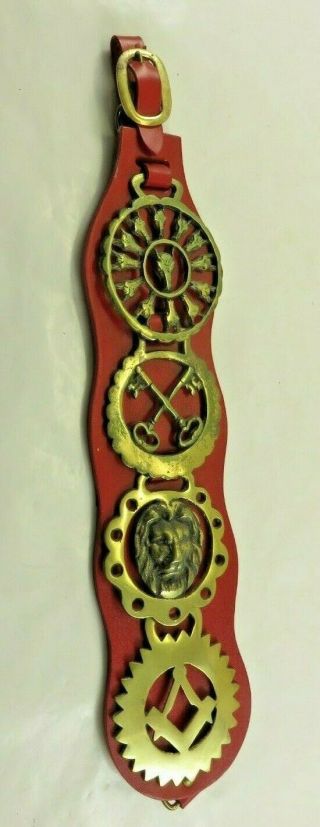 Vintage Brass On Red Leather Horse Harness Decor W / Masonic Emblem