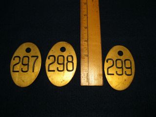 Old Vintage Numbered Brass Cow Cattle Tags 297,  298 And 299
