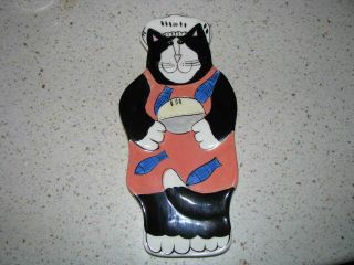 Catzilla By Candace Reiter Chef Black/white Cat With Fish Apron Spoon Rest