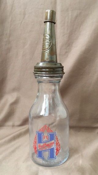 Huffman Vintage Quart Glass Motor Oil Bottle Masters Spout Gas Station Pump Can