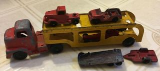 Vintage 1950s 1960s Tootsietoy Car Carrier Semi Tractor Trailer,  Cars Yellow Red