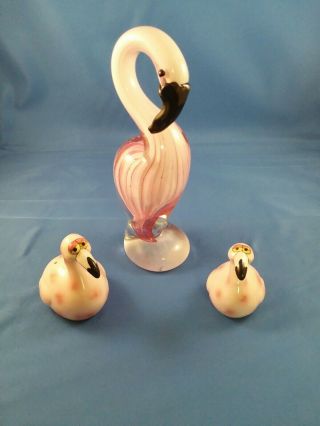 Pink Flamingo Art Glass Figurine Bird.  With Flamingo Salt N Pepper Shakers