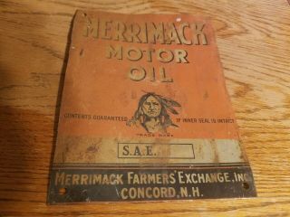 Rare Vintage Merrimack Motor Oil Metal Tin Sign Old Gas Station Indian Farm Nh