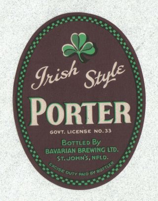 Beer Label - Canada - Irish Style Porter - Bavarian - St.  John 