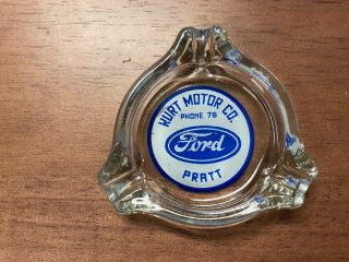 Vintage Glass Ford Script Dealer Ashtray - Kurt Motor Co.  Pratt,  Kansas