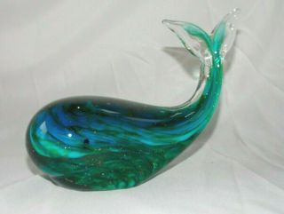 Whale Paperweight Blue Green Glitter Glass Figure Statue Fish Marine Animal